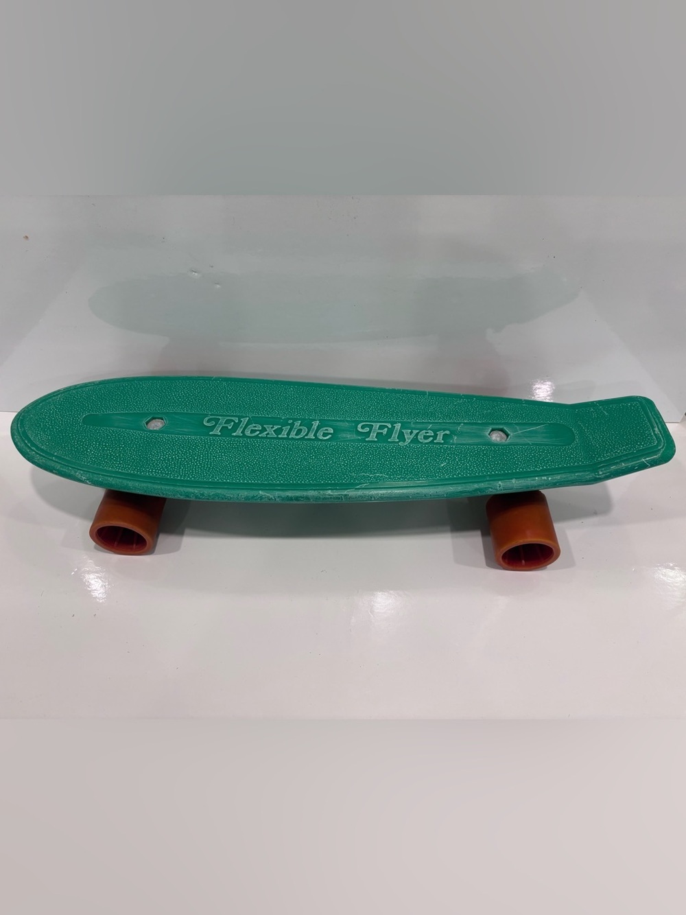 Vintage Flexible Flyer green Plastic Banana Board Skateboard W/orange Wheels